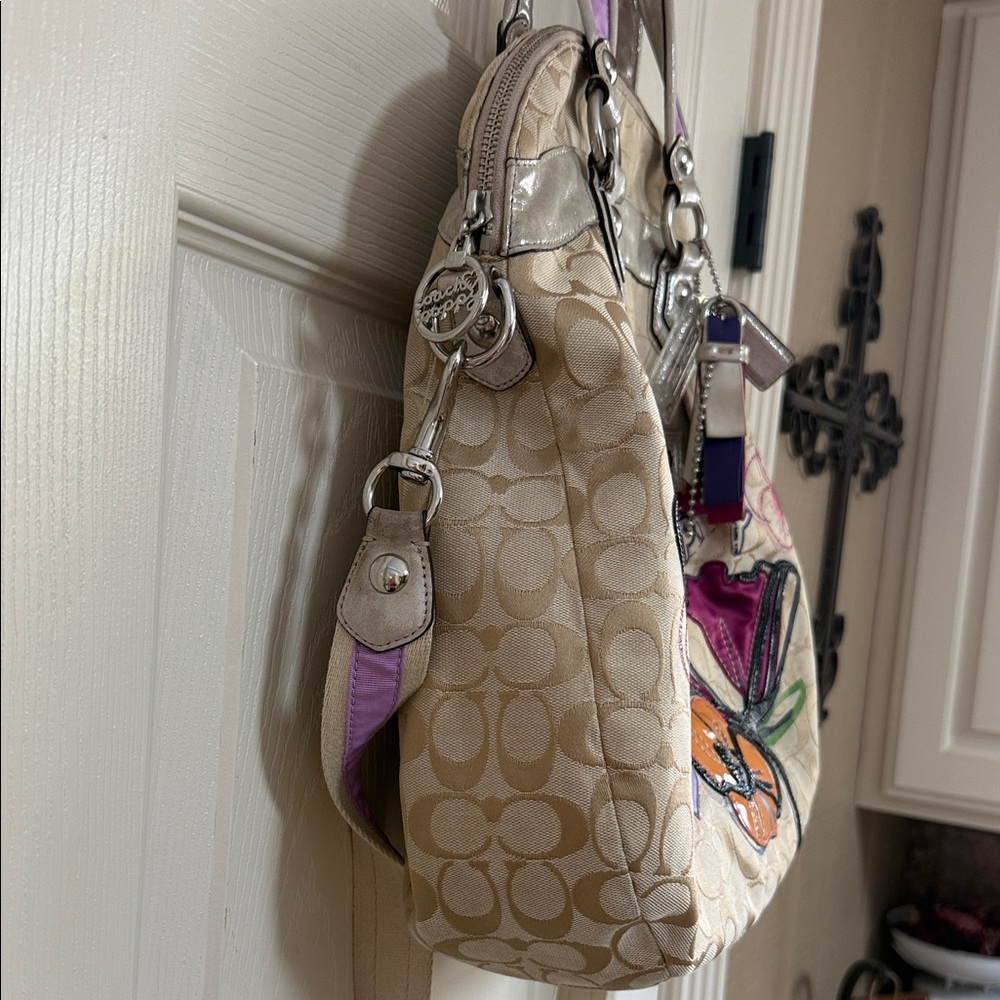Coach Beige Signature Canvas Shoulder Bag with Purple & Orange Floral Appliqués - Picture 4 of 16